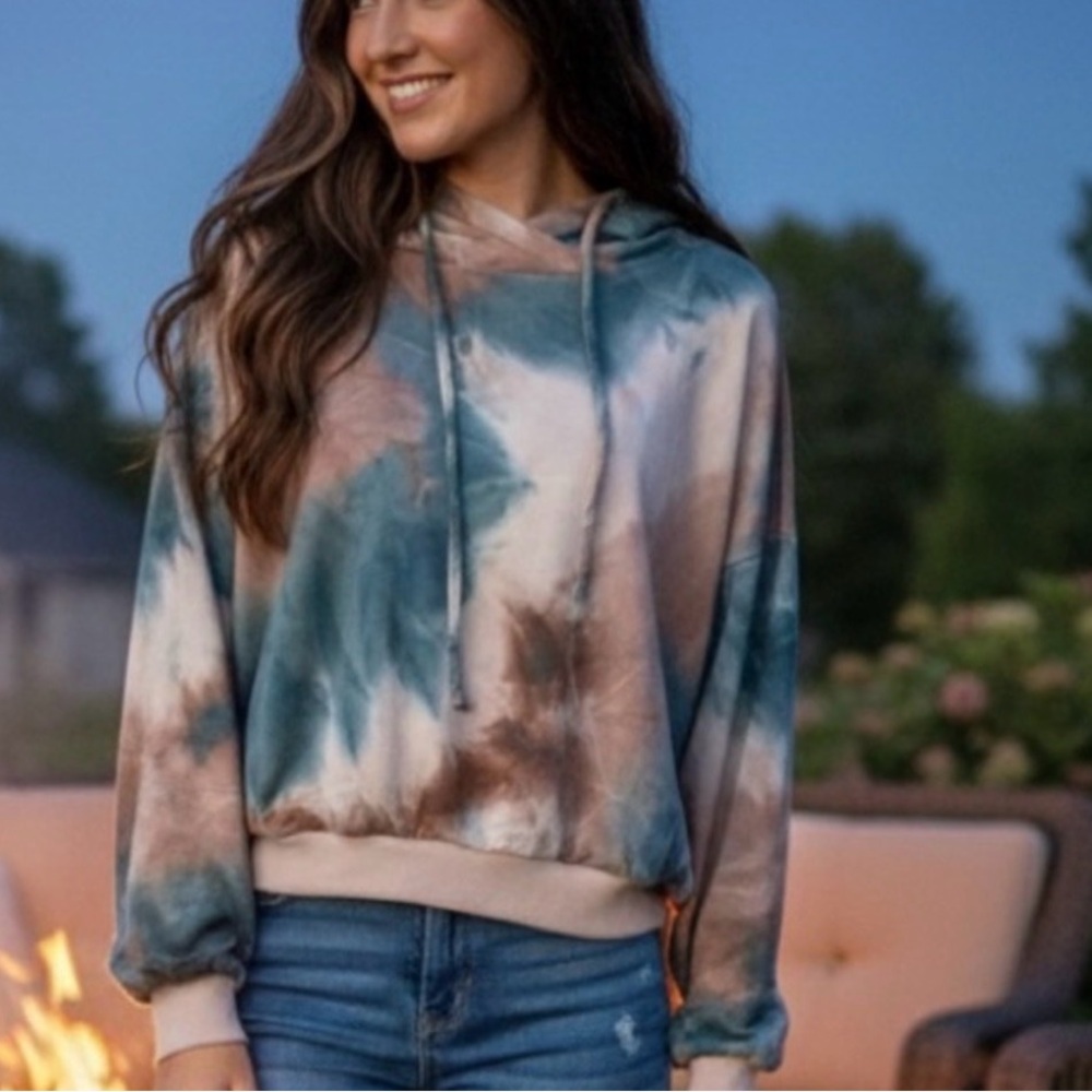 NWT! Hem & Thread Blue and Brown Cotton Blend Tie-Dye Hoodie